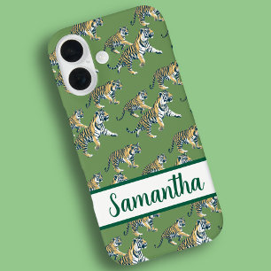 Tiger Green Pattern Personalised name iPhone 16 Case