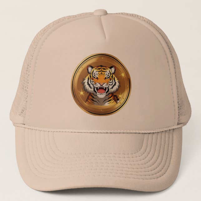 Tiger Head Emblem on a Golden Circular Background Trucker Hat (Front)
