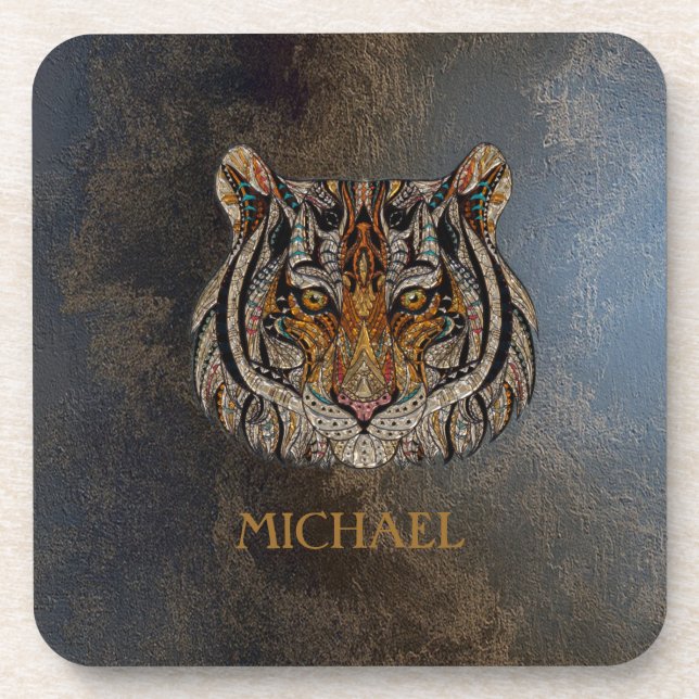 Tiger Head, Face, Leather Look   Coaster (Front)
