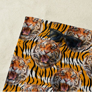 Tiger Head On Tiger Skin Animal Print Design Beach Towel
