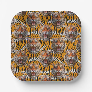 Tiger Head On Tiger Skin Animal Print Design Paper Plate