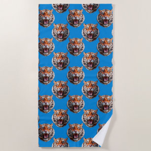 Tiger Head Pattern Design Blue  Beach Towel