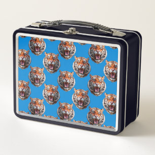 Tiger Head Pattern Design Blue Metal Lunch Box