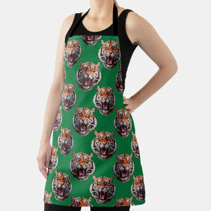Tiger Head Pattern Design Green Apron
