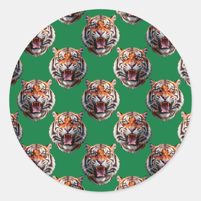 Tiger Head Pattern Design Green  Classic Round Sticker (Front)