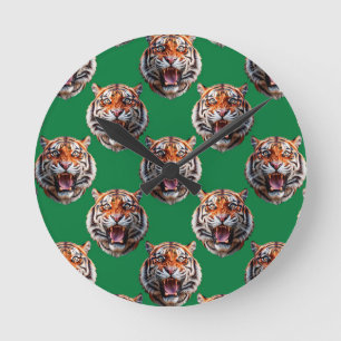 Tiger Head Pattern Design Green  Round Clock