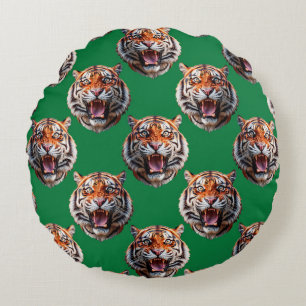 Tiger Head Pattern Design Green Round Cushion