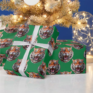 Tiger Head Pattern Design Green Wrapping Paper