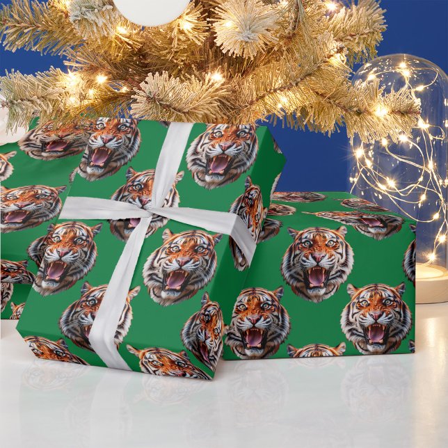 Tiger Head Pattern Design Green  Wrapping Paper (Creator Uploaded)