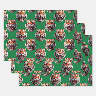 Tiger Head Pattern Design Green  Wrapping Paper Sheet