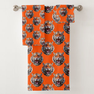 Tiger Head Pattern Design Orange  Bath Towel Set