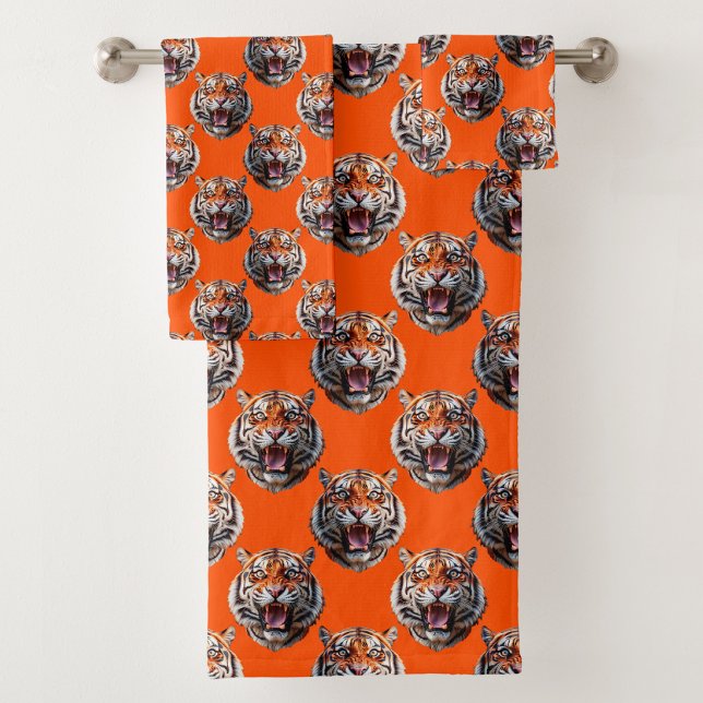 Tiger Head Pattern Design Orange  Bath Towel Set (Creator Uploaded)