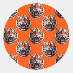 Tiger Head Pattern Design Orange  Classic Round Sticker