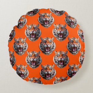 Tiger Head Pattern Design Orange Round Cushion