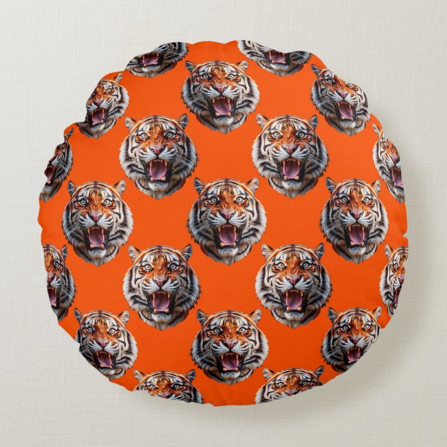 Tiger Head Pattern Design Orange  Round Cushion (Front)