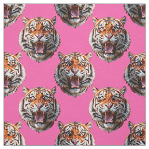 Tiger Head Pattern Design Pink Fabric