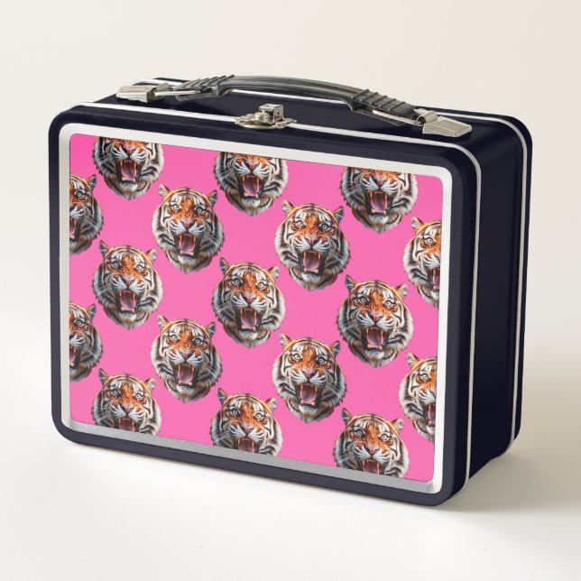 Tiger Head Pattern Design Pink Metal Lunch Box (Front)