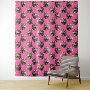 Tiger Head Pattern Design Pink Tapestry