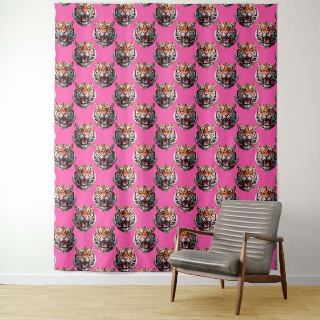 Tiger Head Pattern Design Pink Tapestry (In Situ)