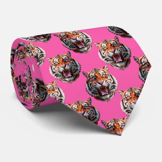 Tiger Head Pattern Design Pink Tie (Rolled)