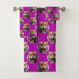 Tiger Head Pattern Design Purple Bath Towel Set