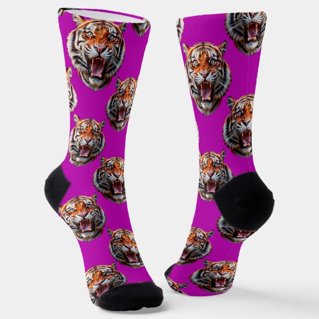 Tiger Head Pattern Design Purple  Socks (Angled)