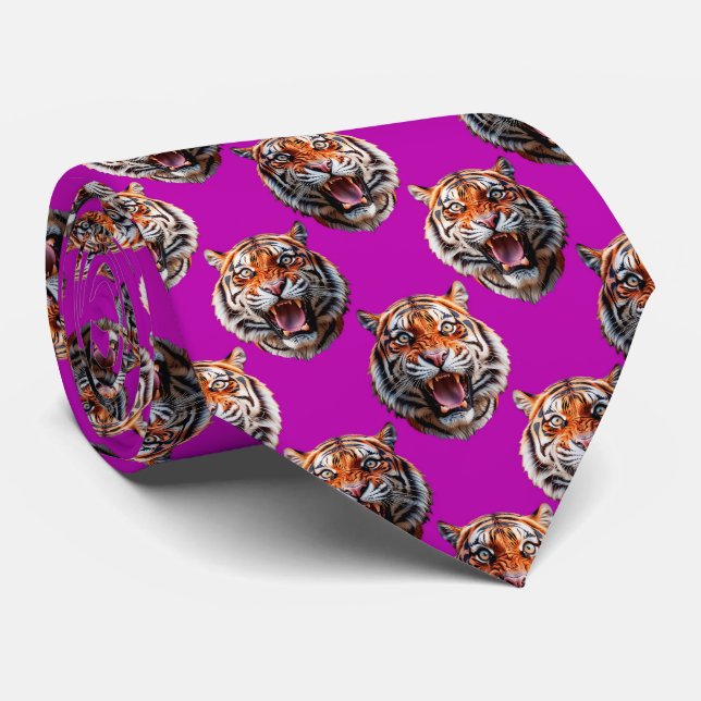 Tiger Head Pattern Design Purple  Tie (Rolled)