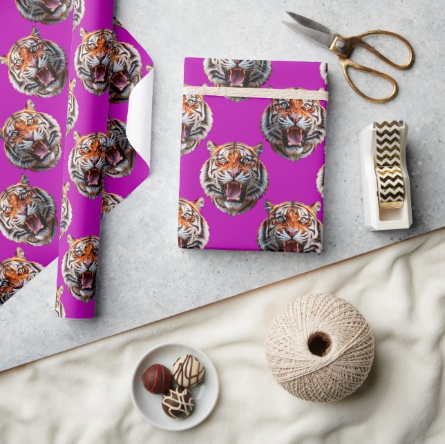 Tiger Head Pattern Design Purple  Wrapping Paper (Crafts)