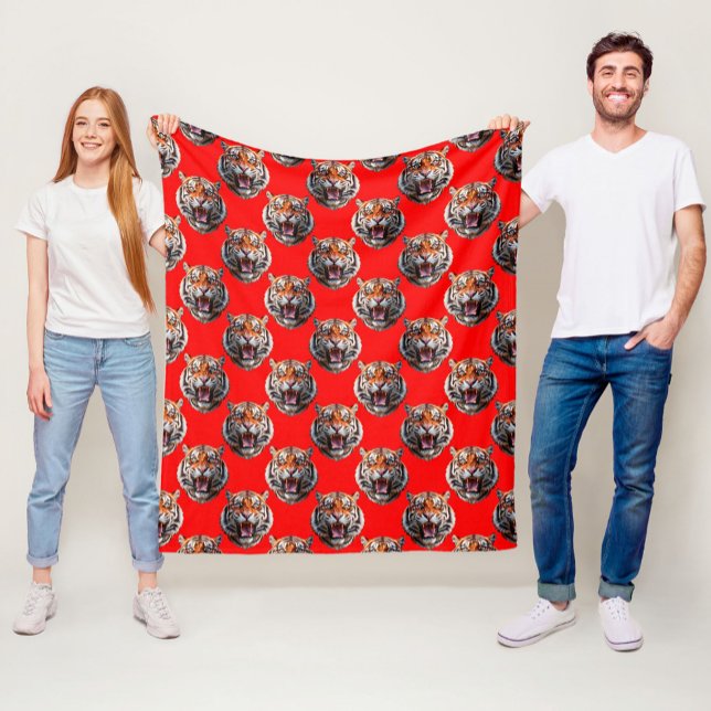 Tiger Head Pattern Design Red Fleece Blanket (Creator Uploaded)