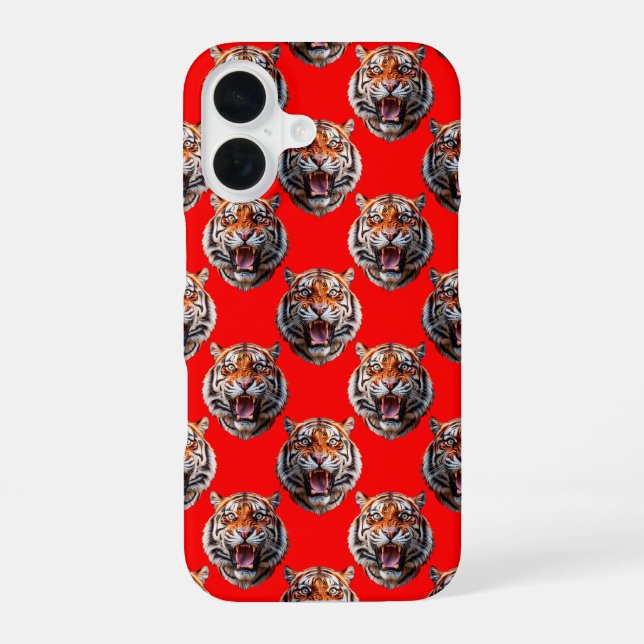 Tiger Head Pattern Design Red iPhone 16 Case (Back)