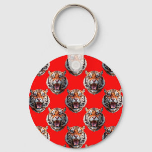 Tiger Head Pattern Design Red Key Ring