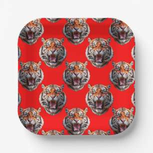 Tiger Head Pattern Design Red Paper Plate