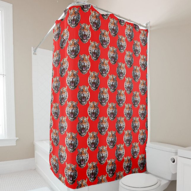 Tiger Head Pattern Design Red Shower Curtain (Creator Uploaded)