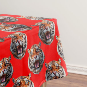 Tiger Head Pattern Design Red Tablecloth