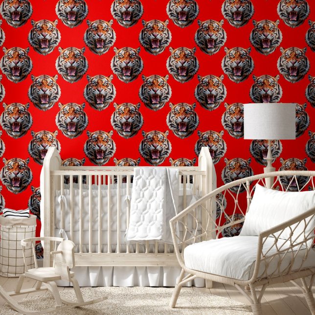 Tiger Head Pattern Design Red Wallpaper (Creator Uploaded)