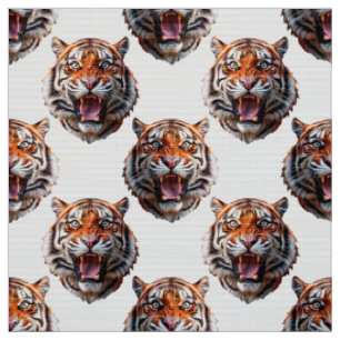 Tiger Head Pattern Design White Fabric