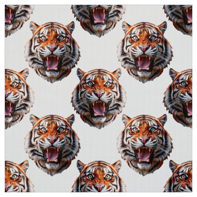 Tiger Head Pattern Design White  Fabric (Swatch)