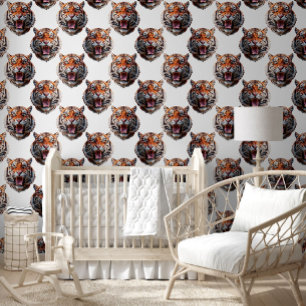 Tiger Head Pattern Design White Wallpaper
