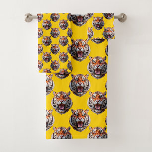 Tiger Head Pattern Design Yellow Bath Towel Set
