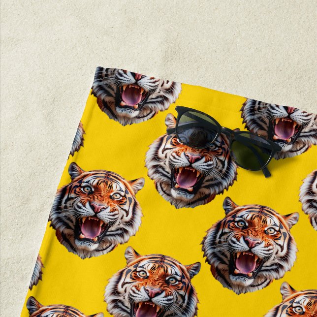 Tiger Head Pattern Design Yellow  Beach Towel (Creator Uploaded)