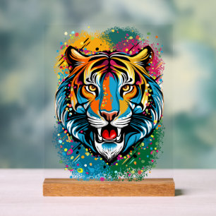 Tiger Head Rainbow colors paint stains Acrylic Sign