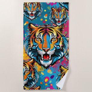 Tiger Head Rainbow colors paint stains Beach Towel
