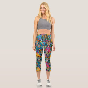 Tiger Head Rainbow colors paint stains Capri Leggings
