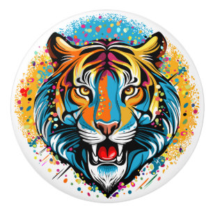 Tiger Head Rainbow colors paint stains Ceramic Knob