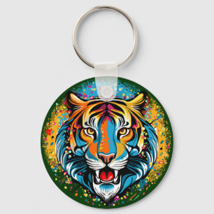 Tiger Head Rainbow colors paint stains Key Ring
