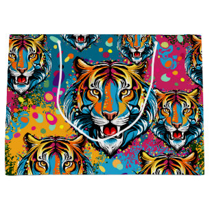 Tiger Head Rainbow colors paint stains Large Gift Bag