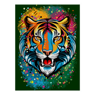 Tiger Head Rainbow colors paint stains Poster