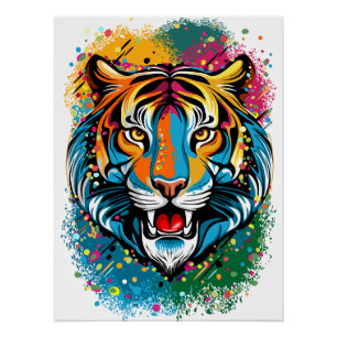 Tiger Head Rainbow colors paint stains Poster