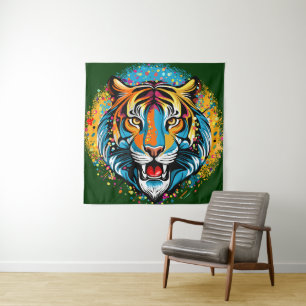 Tiger Head Rainbow colors paint stains Tapestry