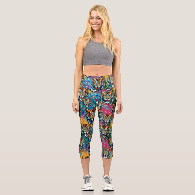 Tiger Head Rainbow colours paint stains Capri Leggings (Front)
